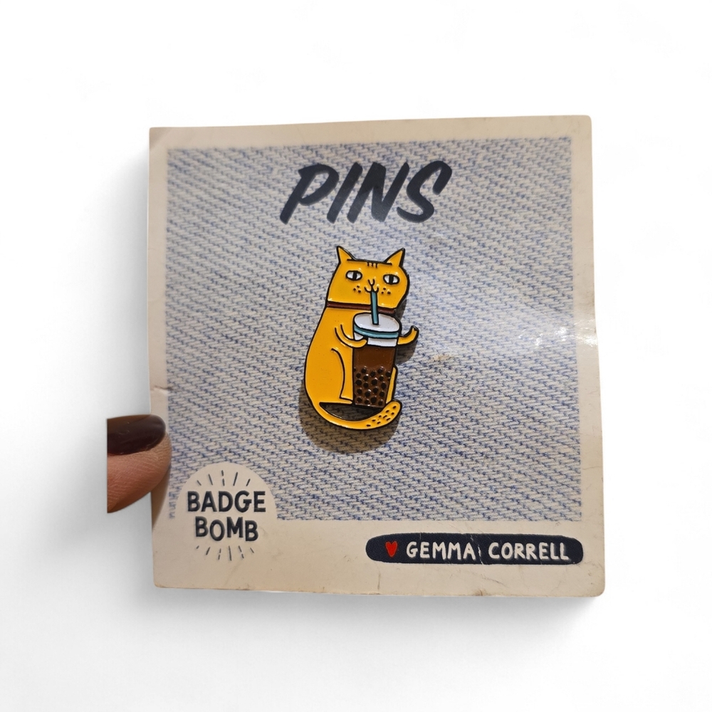 Yellow Cat Bubble Tea Enamel Brooch by Badge Bomb